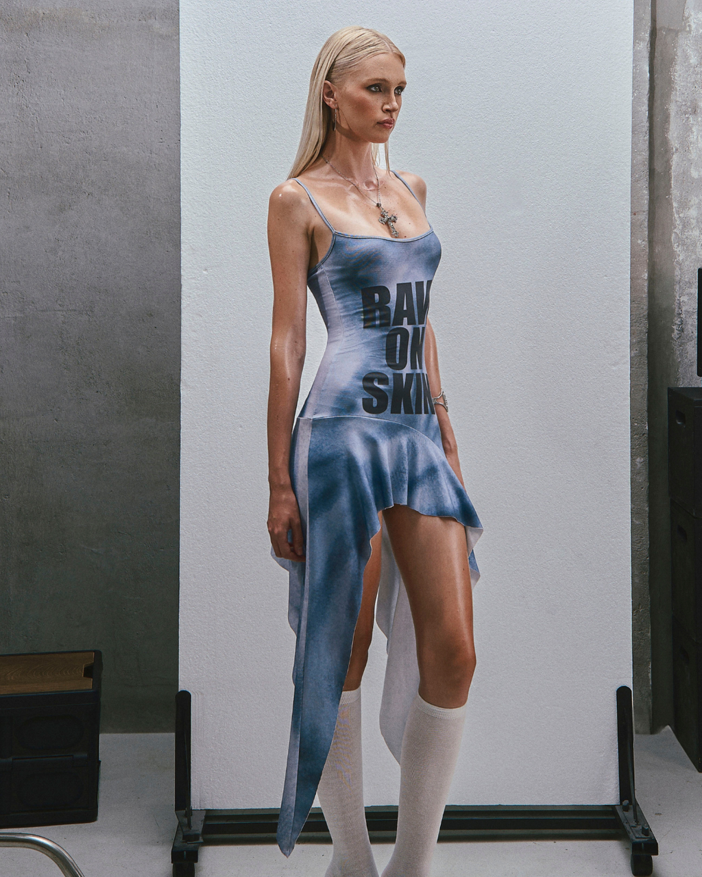 RAW Text Printed Straps Ruffled Asymmetric Hem Mini Dress