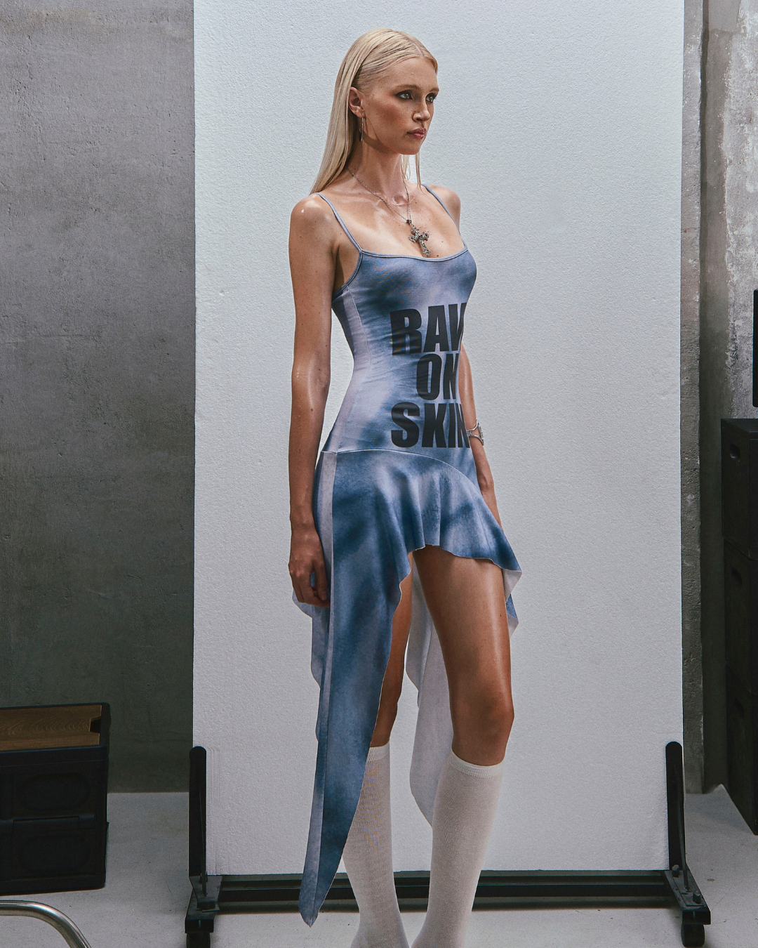 RAW Text Printed Straps Ruffled Asymmetric Hem Mini Dress