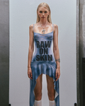 RAW Text Printed Straps Ruffled Asymmetric Hem Mini Dress