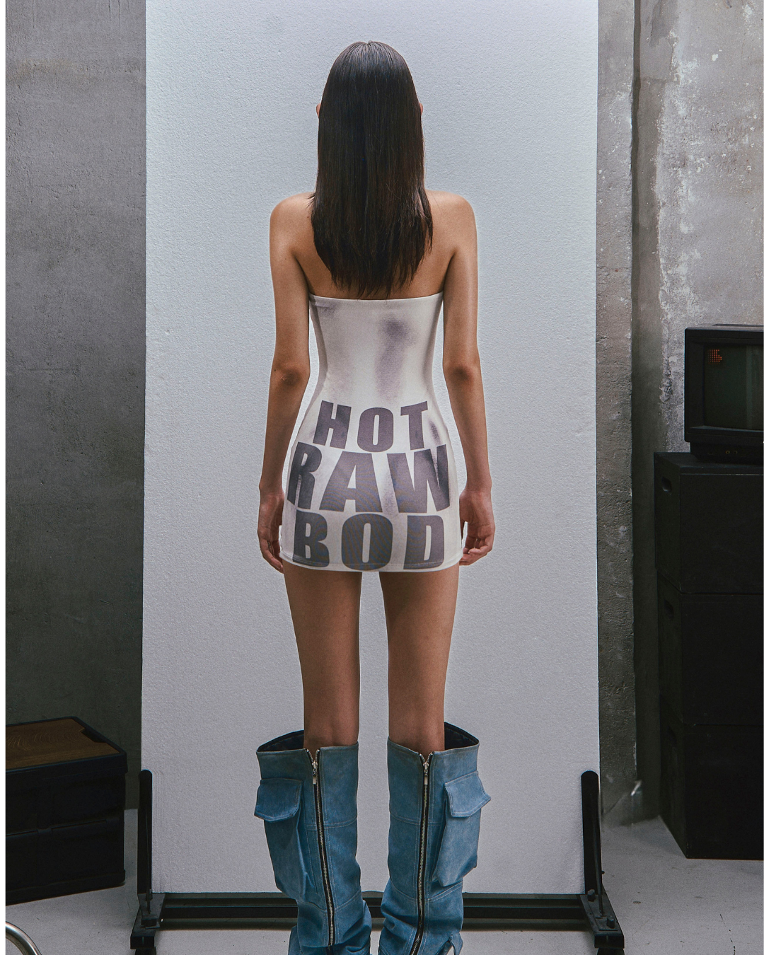 RAW Text Printed Strapless Dress [White]