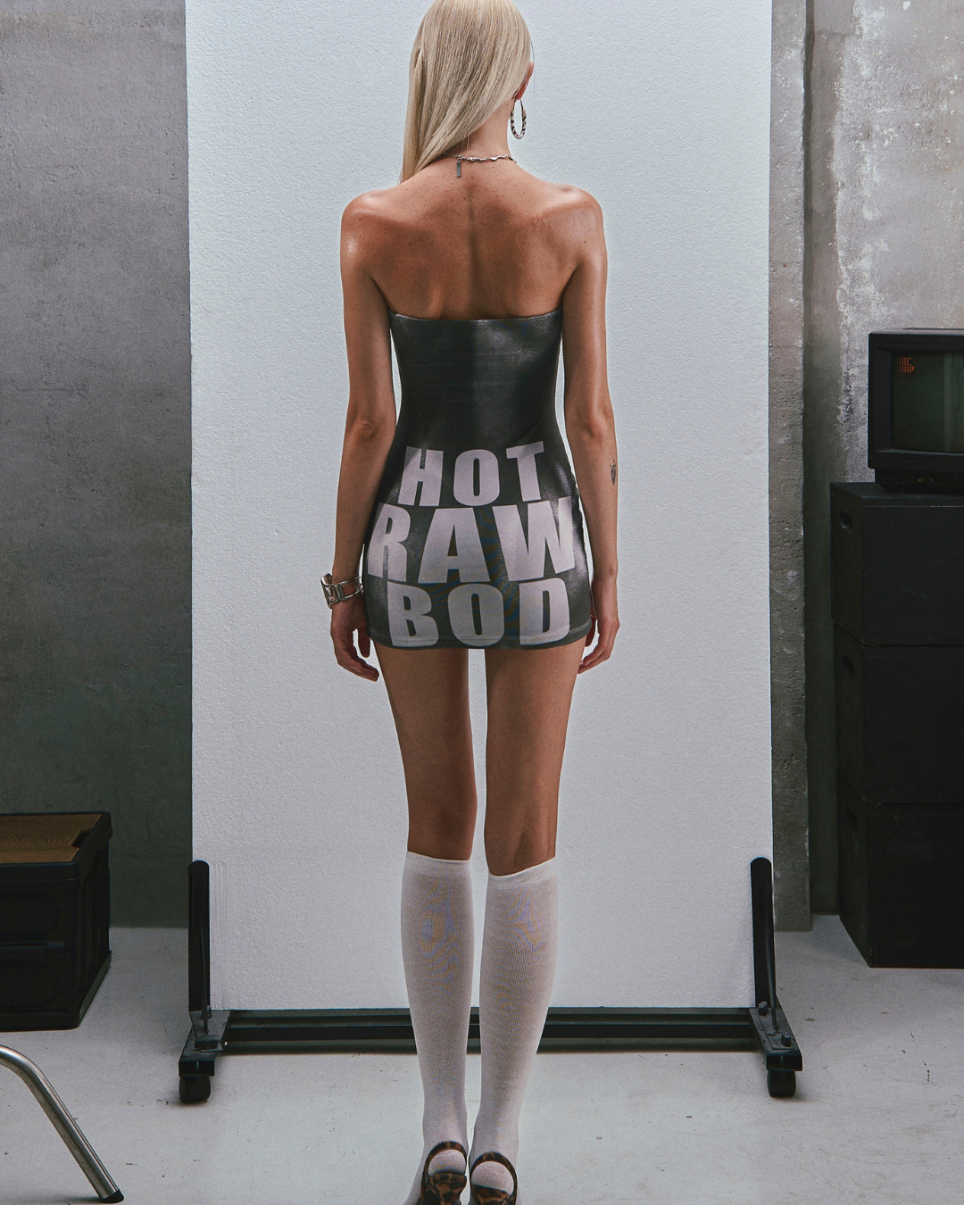 RAW Text Printed Strapless Dress [Black]