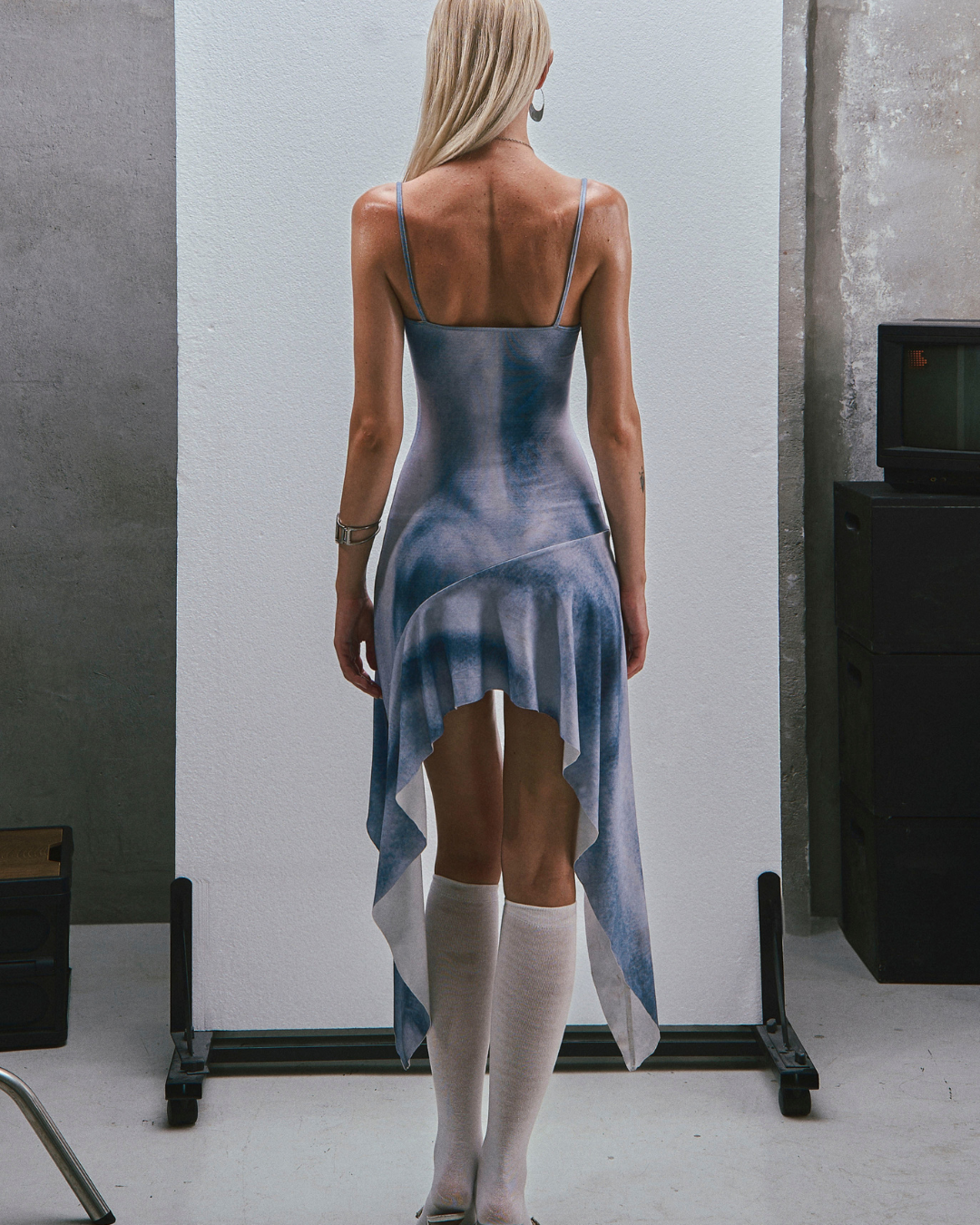RAW Text Printed Straps Ruffled Asymmetric Hem Mini Dress